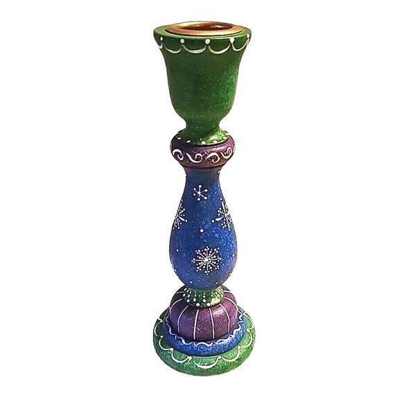7" Colorful Wooden Candle Holder Snowflakes Purple Blue Hand Painted Made/USA - Picture 1 of 10